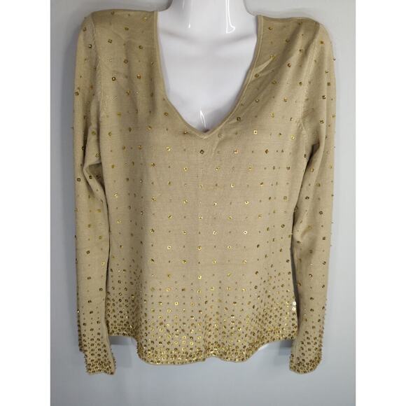 INC International Concepts Women's Sequin V-Neck Long Sleeve Sweaters Tan Medium - Picture 1 of 6